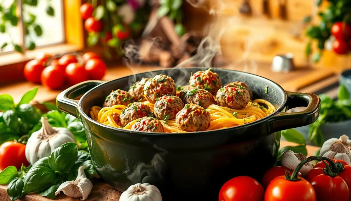 meatballs and spaghetti dutch oven