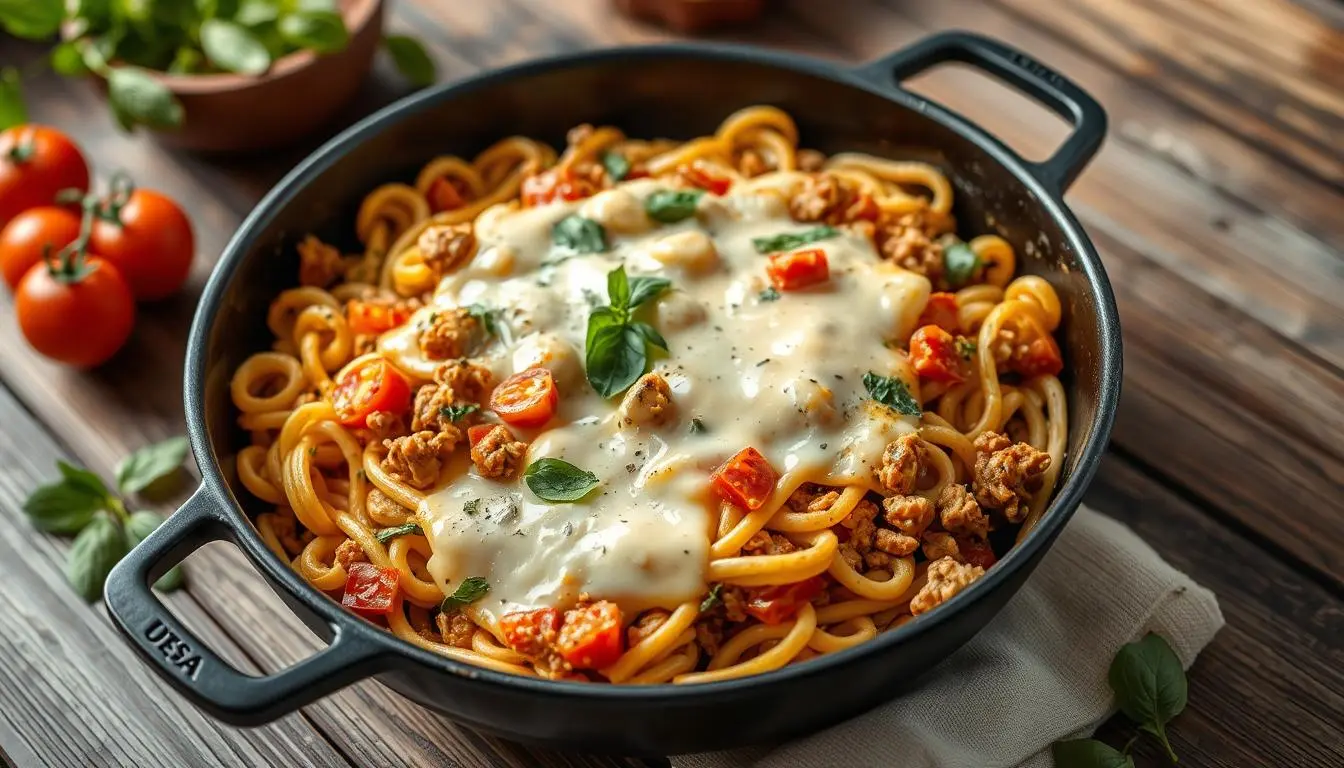 one-skillet cheesy ground chicken pasta